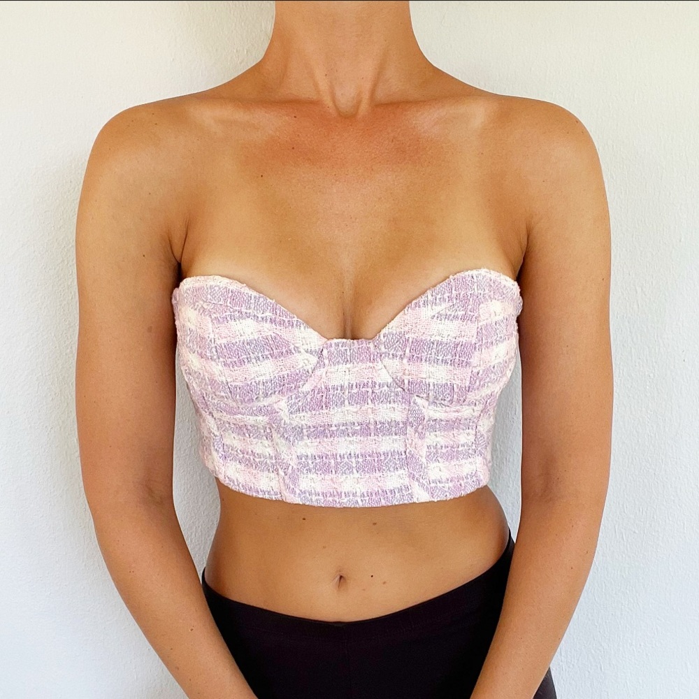 NEW Zara Purple Pink Plaid Strapless Cropped Bustier Top, NWOT